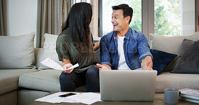 Buy stock photo Sofa, couple and documents with laptop for budget, track expenses and success for financial goals at home. Excited, woman and man with good news for finance report, digital savings and mortgage bills