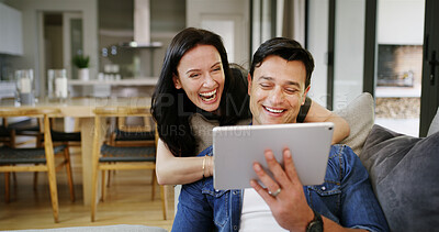 Buy stock photo Home, couch and couple with tablet for laughing, streaming service and watch movie for entertainment. House, man and woman with digital for website subscription, video opinion and bonding with joke