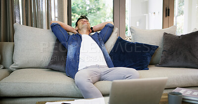 Buy stock photo Sofa, man and laptop with stretching for relax, finance success and done with budget goals at home. House, male person and finished with digital savings, financial review or satisfied with tax report