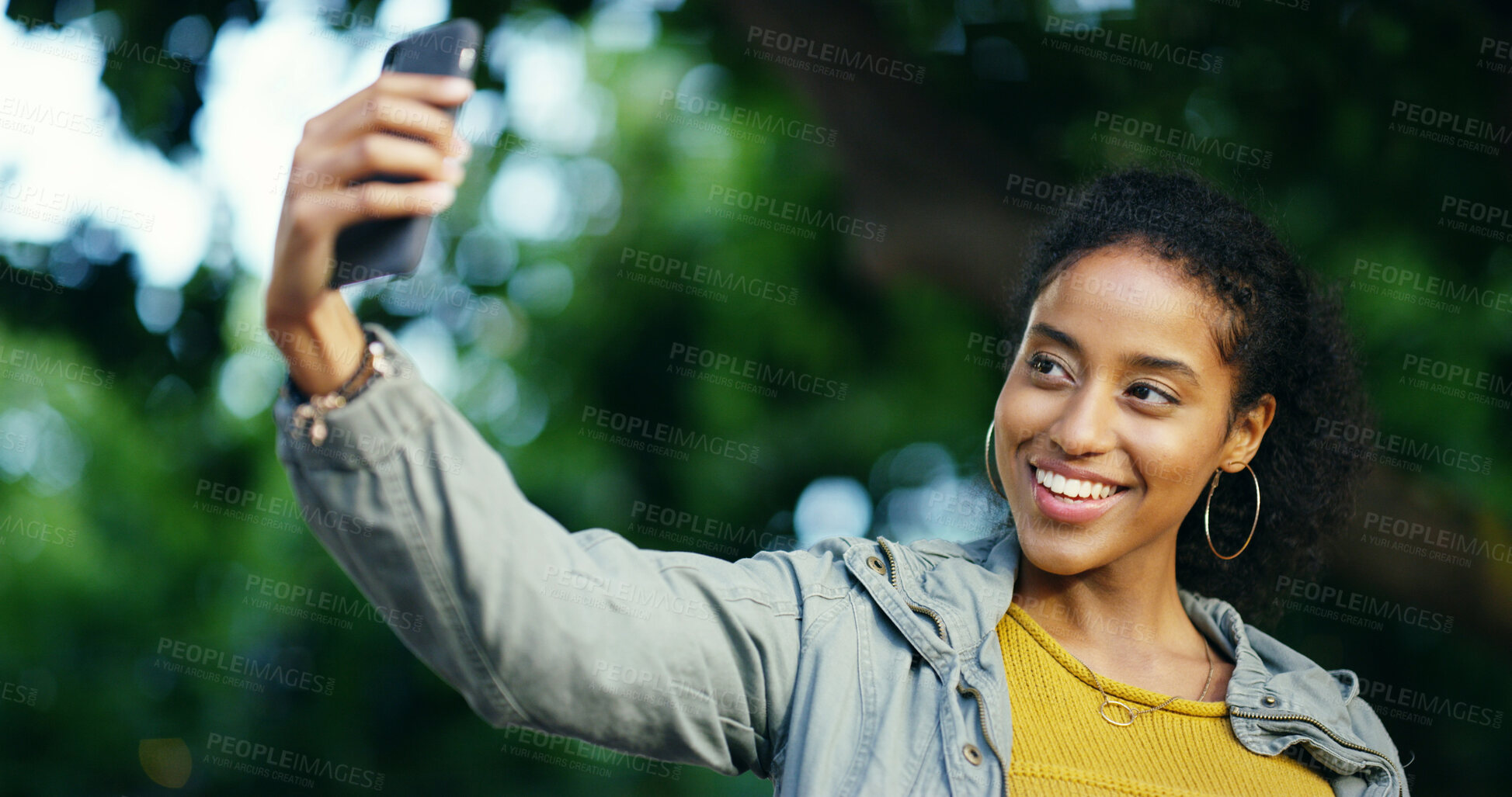 Buy stock photo App, selfie and travel with happy woman at park for commute, holiday or vacation in nature. Photograph, smile and social media with tourism influencer outdoor for adventure or sightseeing abroad