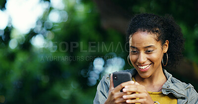 Buy stock photo Happy, phone and black woman in park for online post, social media and internet search in nature. Smile, outdoors and person typing on smartphone for reading website, news and mobile app on weekend