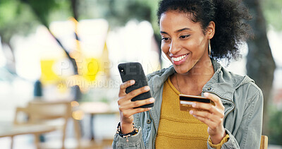 Buy stock photo Woman, phone and happy with credit card at cafe for online payment, easy transaction and internet banking. Person, smile and smartphone at coffee shop for ecommerce, fintech and checkout app outdoor