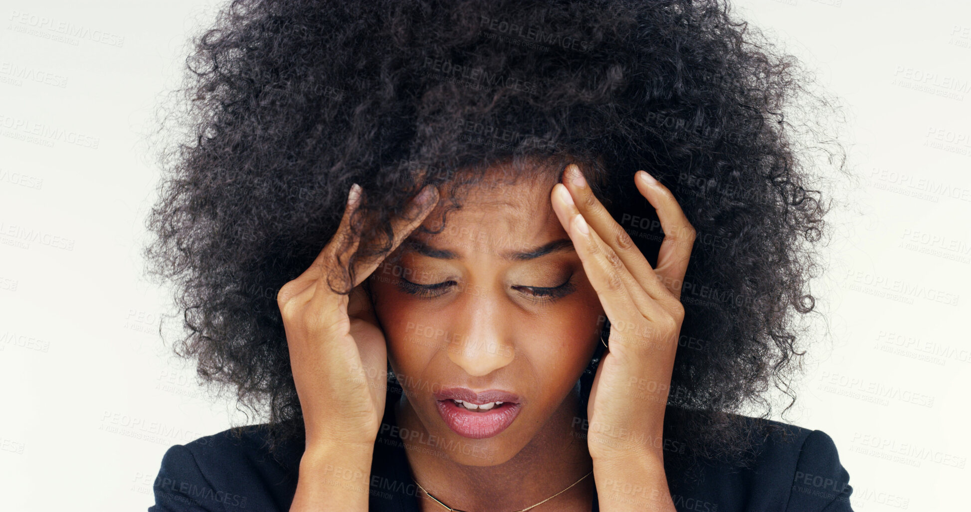 Buy stock photo Afro, headache and stress with woman in studio isolated on white background for anxiety or depression. Burnout, migraine and pain with African person rubbing temples for relief from pressure
