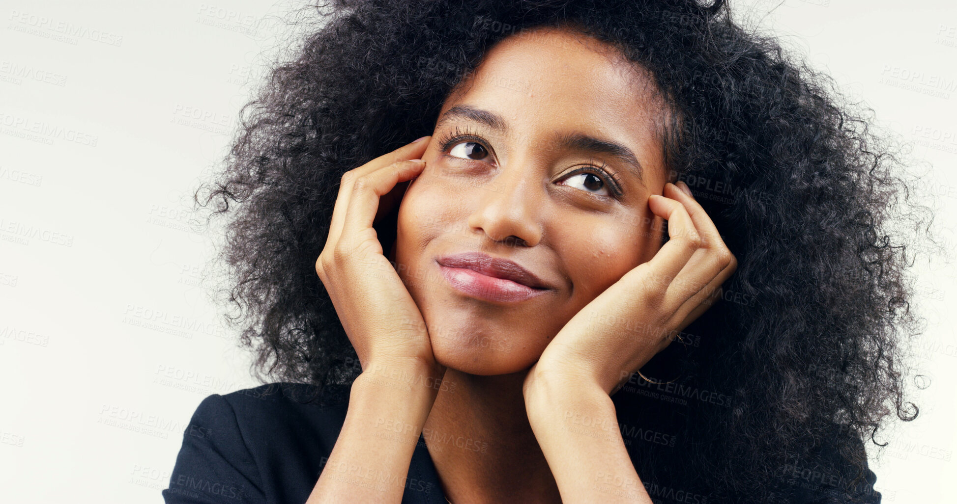 Buy stock photo Future, idea and vision with woman in studio isolated on white background for daydreaming or wonder. Inspiration, fantasy and thoughtful with happy person contemplating or thinking of opportunity