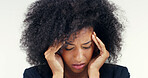 Burnout, headache and stress with woman in studio isolated on white background for anxiety or depression. Afro, migraine and pain with African person rubbing temples for relief from pressure