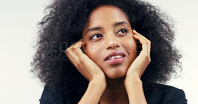 Buy stock photo Future, thinking and vision with woman in studio isolated on white background for daydreaming or wonder. Idea, inspiration and fantasy with happy African person contemplating ideas or opportunity