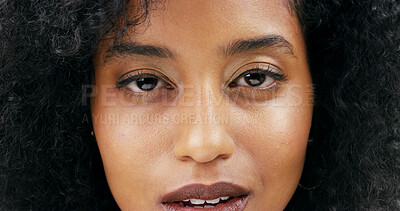 Buy stock photo Portrait, flirting and woman with afro, confident and expression for romance on valentines day and smirk. Proud, haircare and texture of hair for black person, hairstyle and sexy for date in Kenya