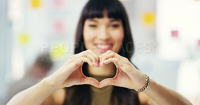 Buy stock photo Woman, heart hands and professional in office, motivation and love for moodboard solution. Female person, employee and emoji for business approval for planning, target pride and support for agenda