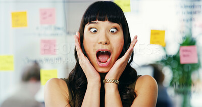 Buy stock photo Business, surprise and woman in office, funny and announcement with facial expression. Person, employee and events planner in workplace, brainstorming for project or energy with shock, silly or humor