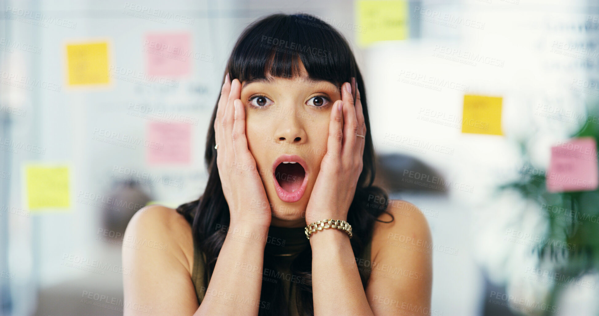 Buy stock photo Office, business and woman in portrait with shock, startup mistake and work gossip in creative agency. Worry, female person and designer with emoji reaction for surprise, company secret and what