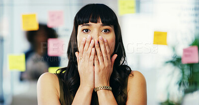 Buy stock photo Woman, portrait or shocked in office for project, creative opportunity or agenda update. Designer, what or sticky notes in agency for forgot reminder, calendar mistake or surprised for missed meeting