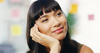 Buy stock photo Office, business woman and reflection with thinking for creative agency, startup career and smile. Workplace, female person and designer with ideas for job inspiration, planning or ambitious employee