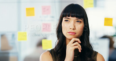 Buy stock photo Creative, thinking and business Asian woman in office for planning, brainstorming and ideas for project. Professional, company and person with sticky notes for agenda, solution and schedule tasks