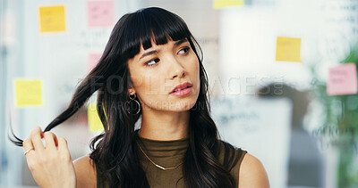 Buy stock photo Creative, thinking and business woman in office for planning, brainstorming and ideas for project. Professional, startup company and person with sticky notes for agenda, solution and schedule tasks