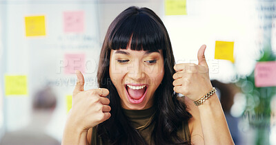 Buy stock photo Thumbs up, happy and business woman in office with hand gesture for success, support and approval. Creative, planner and face of person with emoji for agreement, yes and winning with sticky notes