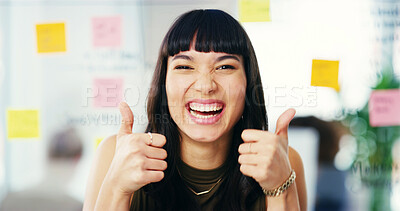 Buy stock photo Thumbs up, excited and portrait of business woman in office with hand gesture for success, winning and approval. Creative, planner and person with emoji for agreement, yes and okay with sticky notes