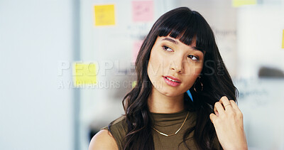 Buy stock photo Creative, thinking and business woman in office for planning, brainstorming solution and ideas. Professional, startup and person with sticky notes for agenda, project management and problem solving
