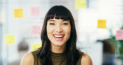 Buy stock photo Creative, laugh and portrait of business Asian woman in office for planning, brainstorming and project ideas. Professional, company and person with sticky notes for agenda, solution or schedule tasks