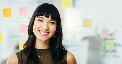 Buy stock photo Creative, happy and portrait of business woman in office for planning, brainstorming and ideas. Professional, company and person with sticky notes for agenda, project management and schedule tasks