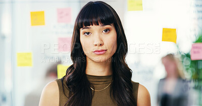 Buy stock photo Creative, office and portrait of business woman with attitude for planning and ideas for project management. Moody, company and bored person with sticky notes for agenda, solution or schedule tasks