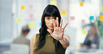Stop, hand and business woman in office for rejection, refuse and stop in workplace. Creative company, profession and person with emoji, body language and sign for self defense, warning and protest