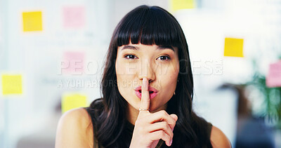 Buy stock photo Silent, secret and portrait of business woman in office for mystery, workplace gossip and silence for nda. Professional, creative and person with hand gesture for work news, privacy and confidential