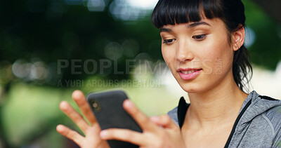 Buy stock photo Outdoor, woman and fitness with mobile for scroll, online exercise and download app for training. Bokeh, female person and browse with smartphone for digital video, watch workout tutorial or wellness