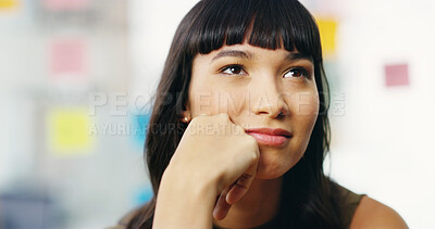 Buy stock photo Ideas, thinking and creative woman in office with sticky note, reflection and ambition in business planning. Designer, businesswoman or project manager in workshop with inspiration, vision or insight