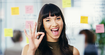 Buy stock photo Okay sign, happy and portrait of business woman in office with hand gesture for success, support and approval. Creative, planner and person with emoji for agreement, yes and promote with sticky notes