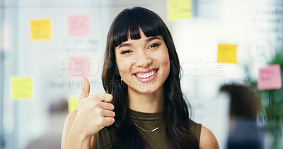 Buy stock photo Thumbs up, smile and portrait of business woman in office with hand gesture for success, support and approval. Creative, planner and person with emoji for agreement, yes and happy with sticky notes