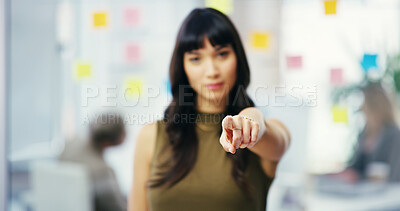 Buy stock photo Office, pointing to you and business woman with choice, encouragement and selection for hiring. Professional, creative company and person with finger for decision, direction and recruitment option