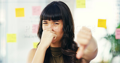 Buy stock photo Portrait, business and woman in office, thumbs down and bad hygiene with negative communication. Face, person and employee in workplace, creative agency and feedback with mistake, odor and fail