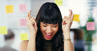 Buy stock photo Creative, hope and woman in office with fingers crossed, opportunity and ambition in business planning. Designer, businesswoman or project manager in workshop with sticky note, ideas or wish emoji