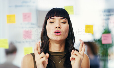 Buy stock photo Creative, wish and woman in office with fingers crossed, opportunity and ambition in business planning. Designer, businesswoman or project manager in workshop with sticky note, ideas or hope emoji