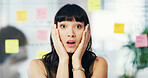 Woman, portrait or surprised in office for project, creative opportunity or agenda update. Designer, what or sticky notes in agency for forgot reminder, calendar mistake or shocked for missed meeting