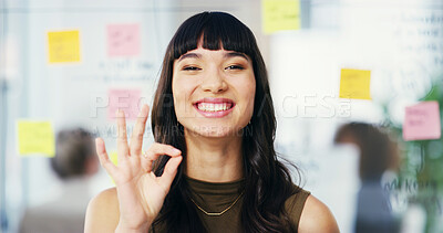 Buy stock photo Ok sign, happy and portrait of business woman in office with hand gesture for success, support and approval. Creative, planner and person with emoji for agreement, yes and promote with sticky notes