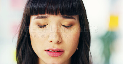 Buy stock photo Anxiety, calm and woman with closed eyes in office for presentation, career or creative job. Nervous, stress and face of female designer with nerves for startup business, mental health and workplace