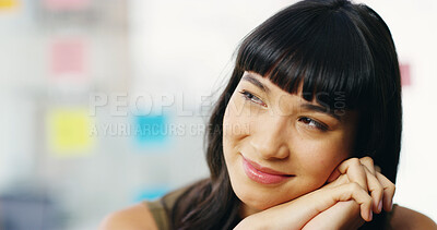 Buy stock photo Startup, thinking and business woman in office for planning, brainstorming solution and ideas. Daydreaming, creative and person at design agency for agenda, project management and problem solving