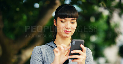 Buy stock photo Nature, woman and fitness with mobile for scroll, online exercise and download app for training. Outdoor, female person and browse with smartphone for digital video, watch workout tips and wellness