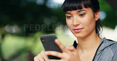 Buy stock photo Outdoor, woman and fitness with smartphone for scroll, online exercise and download app for training. Bokeh, female person and browse with mobile for digital video, watch workout tutorial or wellness