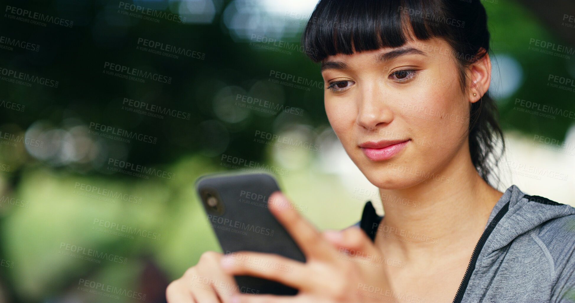 Buy stock photo Outdoor, woman and fitness with smartphone for scroll, online exercise and download app for training. Bokeh, female person and browse with mobile for digital video, watch workout tutorial or wellness