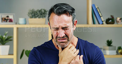 Buy stock photo Stress, cough and man in home with sore throat for infection, flu virus and cold symptoms. Depressed, upset and person with fatigue, frustrated and inflammation for hayfever, sinusitis and allergies