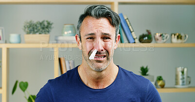 Buy stock photo Sick, tissue and portrait of man in home with blocked nose for infection, flu virus and cold symptoms. Sad, upset and person with fatigue, frustrated and stress for hayfever, sinusitis and allergy