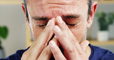 Buy stock photo Man, closeup and headache with pain, stress nerve massage with burnout and fatigue in home. Face, worry or male person with migraine, anxiety and mental breakdown with job crisis, bankruptcy or fear