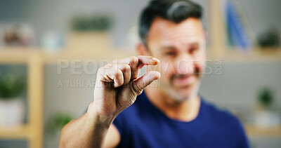 Buy stock photo Man, hands and sign for small size, measurement or emoji in creative startup. Fingers, pinch and person with tiny gesture for minimalist design, scale or show little symbol for growth in niche market