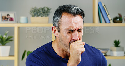 Buy stock photo Sick, cough and business man in office with infection, flu virus and cold symptoms. Company, professional worker and person with fatigue, burnout and stress with allergies, illness and chest pain