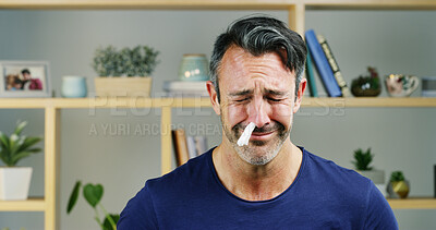 Buy stock photo Sick, tissue and face of business man in office with infection, flu virus and cold symptoms. Company, professional worker and sad person with fatigue, burnout and stress with allergies and hayfever