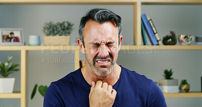 Buy stock photo Health, pain and man in home with sore throat upset for infection, flu virus and cold symptoms. Wellness, healthcare and frustrated person with medical stress for hayfever, sinusitis and allergies