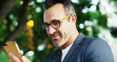 Buy stock photo Park, city and business man with phone for communication, typing email and b2b networking. Professional, corporate and worker on smartphone for connection, online website and social media outdoors