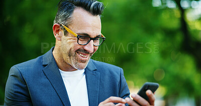 Buy stock photo Park, happy and business man with phone for communication, typing email and b2b networking. Professional, corporate and worker on smartphone for connection, online website and social media outdoors